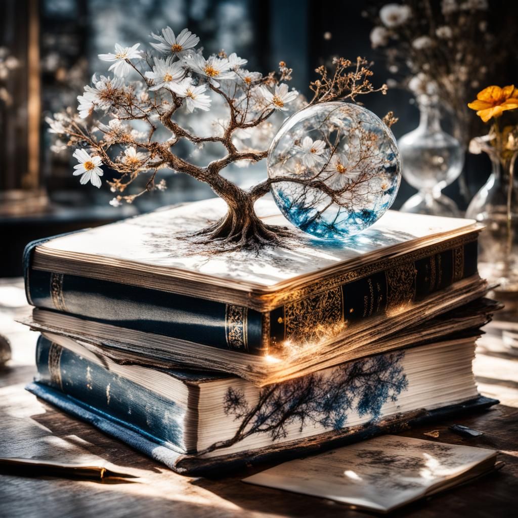 Crystal Book and Tree in Digital Art Style
