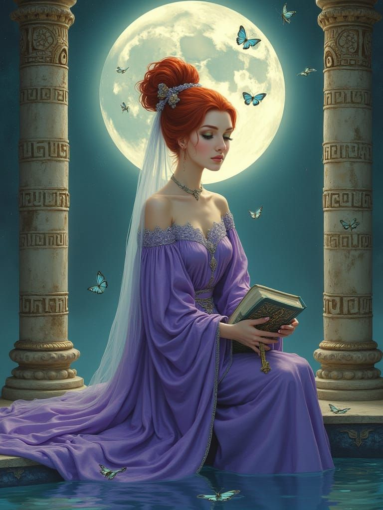 Ethereal Woman with Lunar Embroidery, Dreamy Illustration