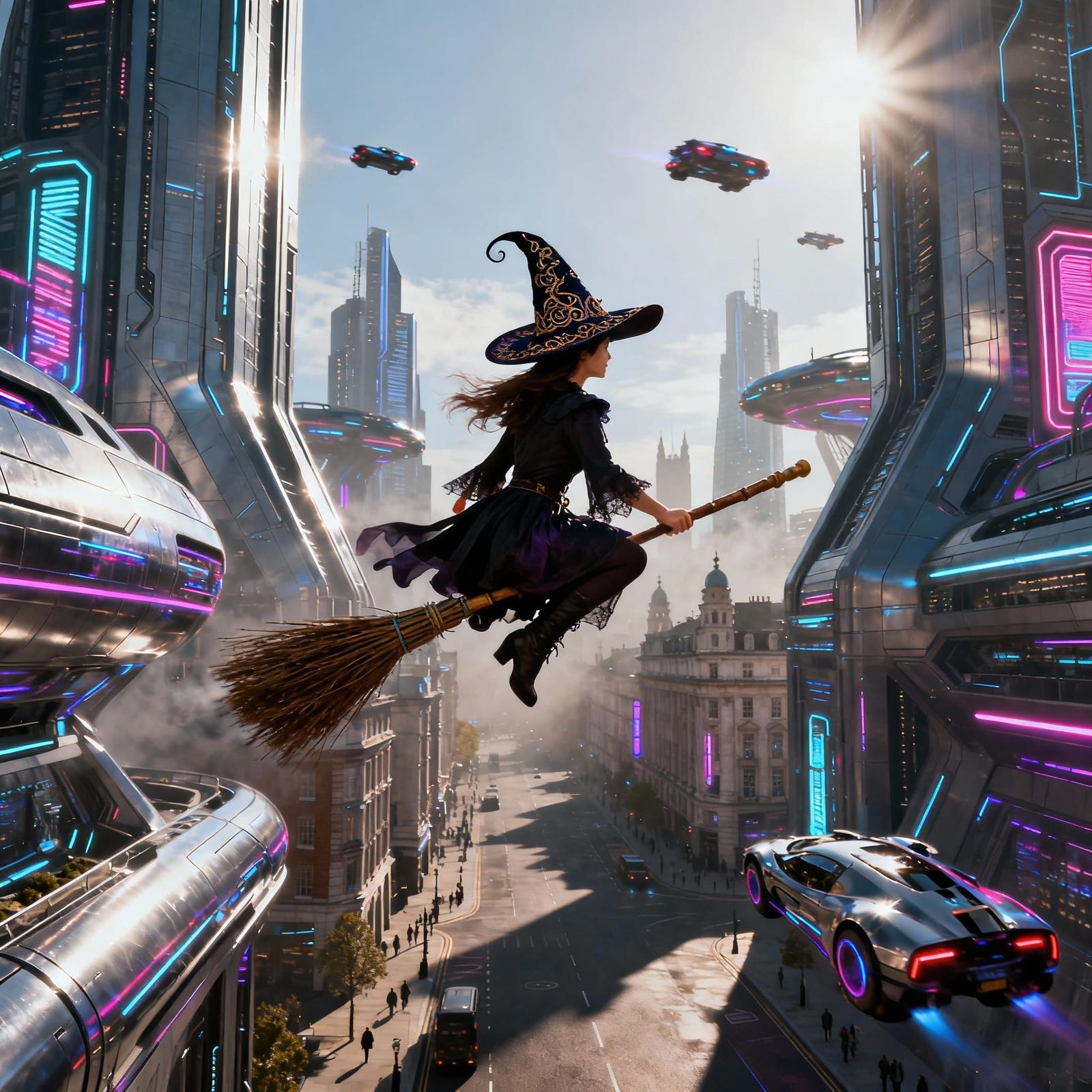 Futuristic London Street Scene with Witch in 2100