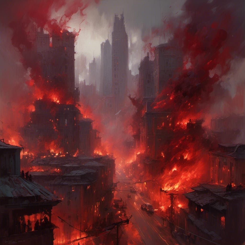 Sinister City Ablaze: A Dramatic Modern Painting