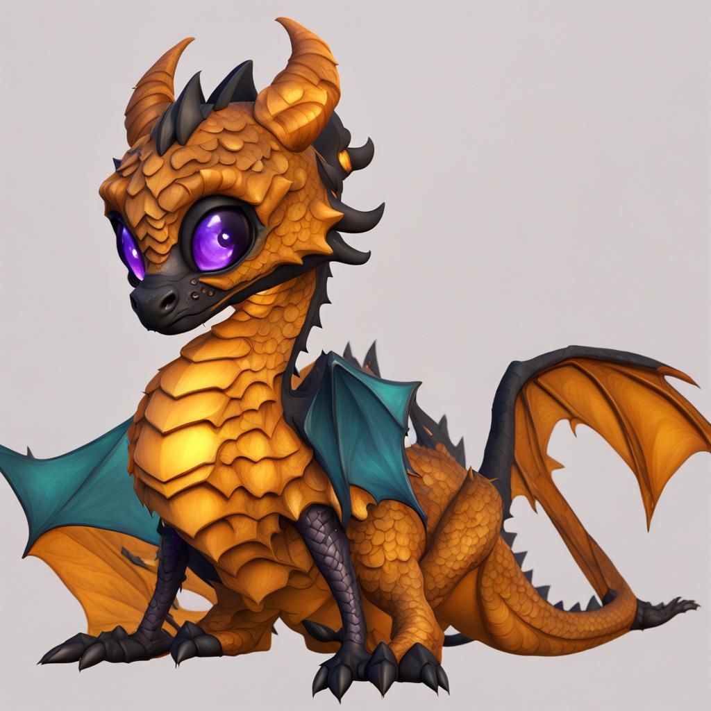 Cute Black Dragon with Purple Eyes in Fantasy Art