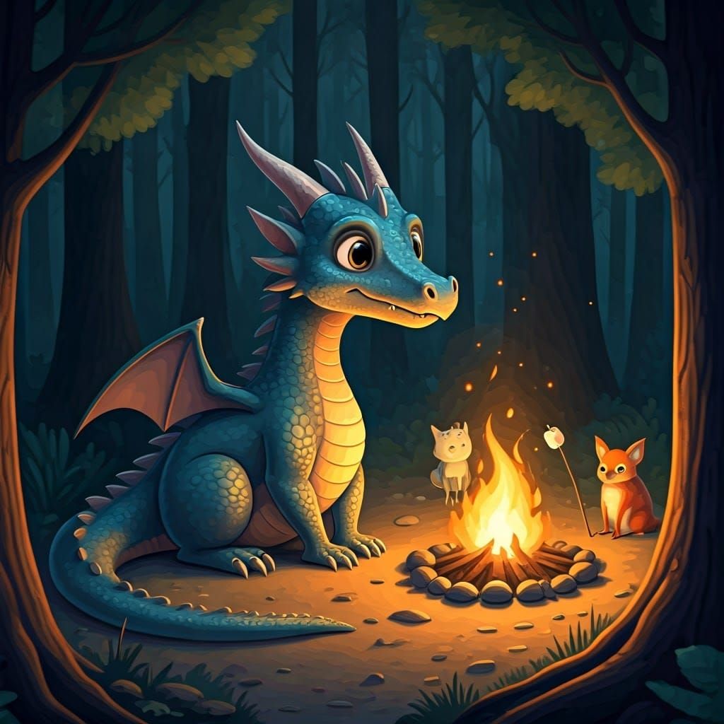 Adorable Dragon Sparks Campfire, Whimsical Digital Art
