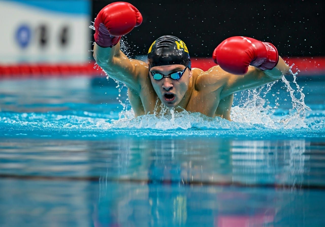 Athlete Dominates the Crawl Stroke in Red Boxing Gloves