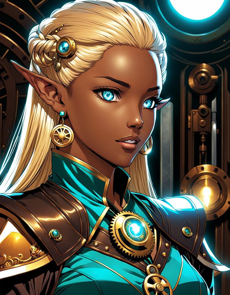 Steampunk Elf Pirate with Teal Eyes, Anime Style