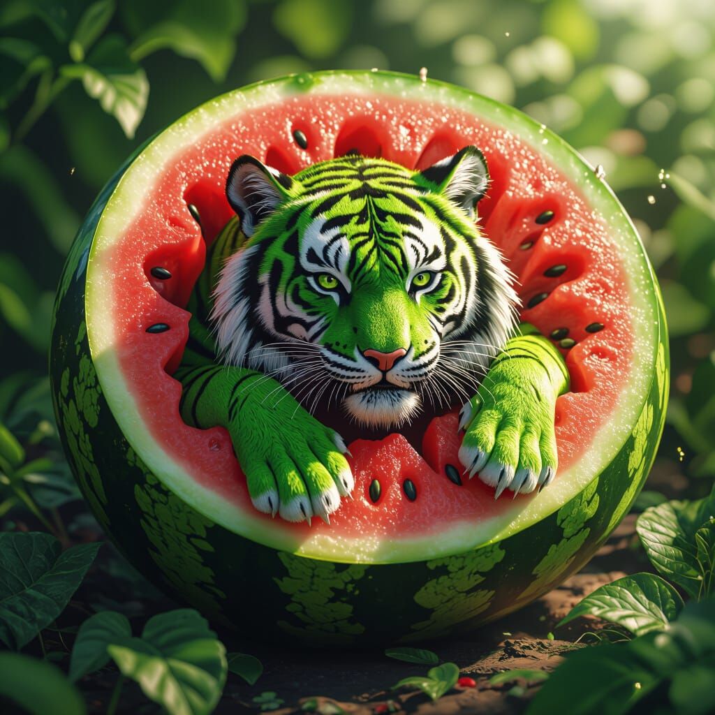 Green Tiger Embedded in Watermelon: Matte Painting