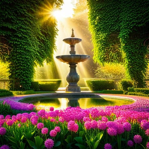 Blooming Flower Garden with Renaissance Fountain