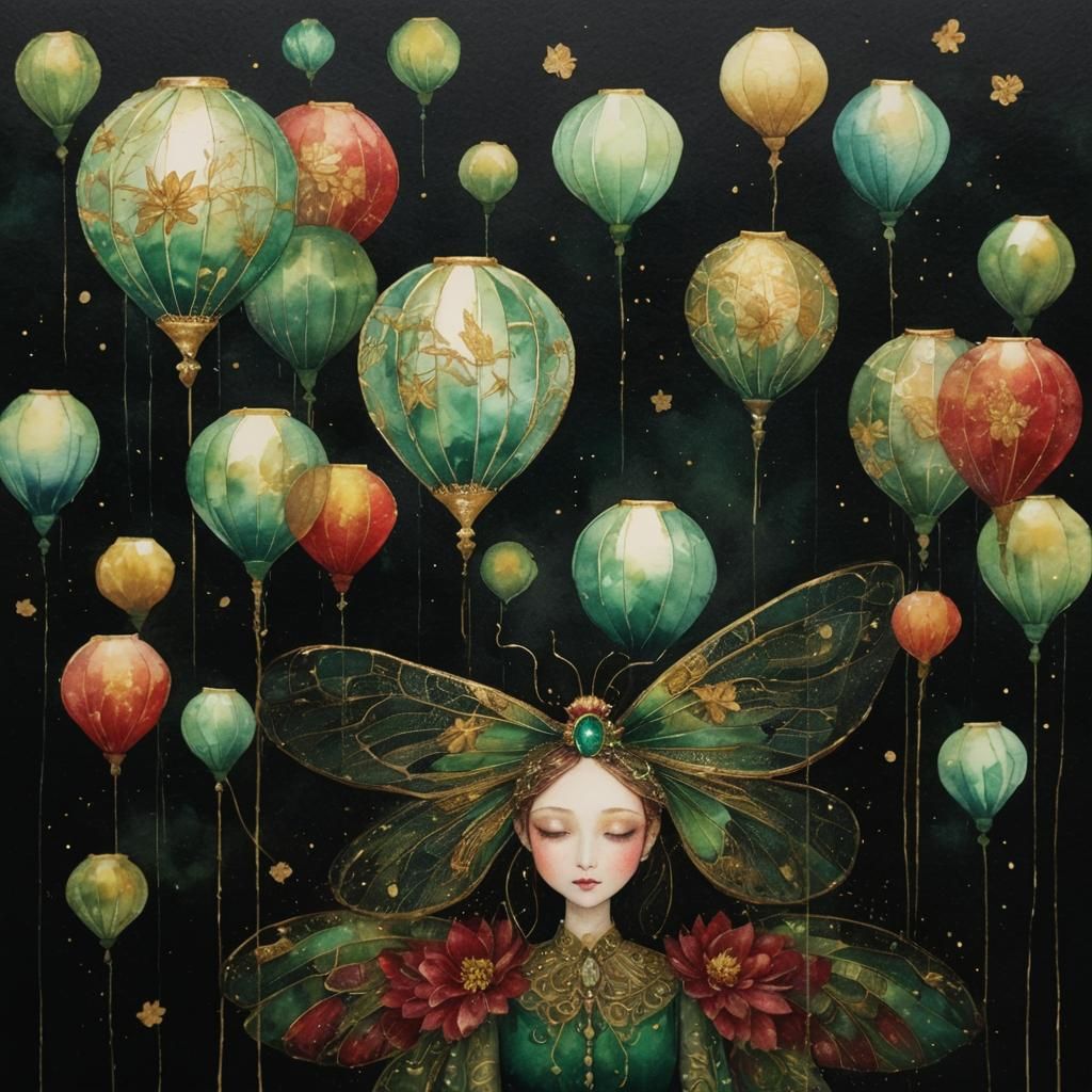 Gaillardia Blossom with Golden Dragonfly Watercolor