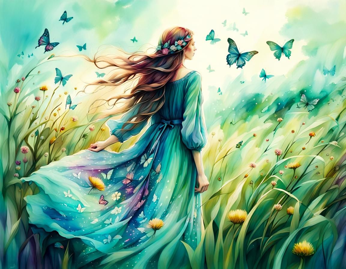 Ethereal Portrait of Girl in Butterfly Field