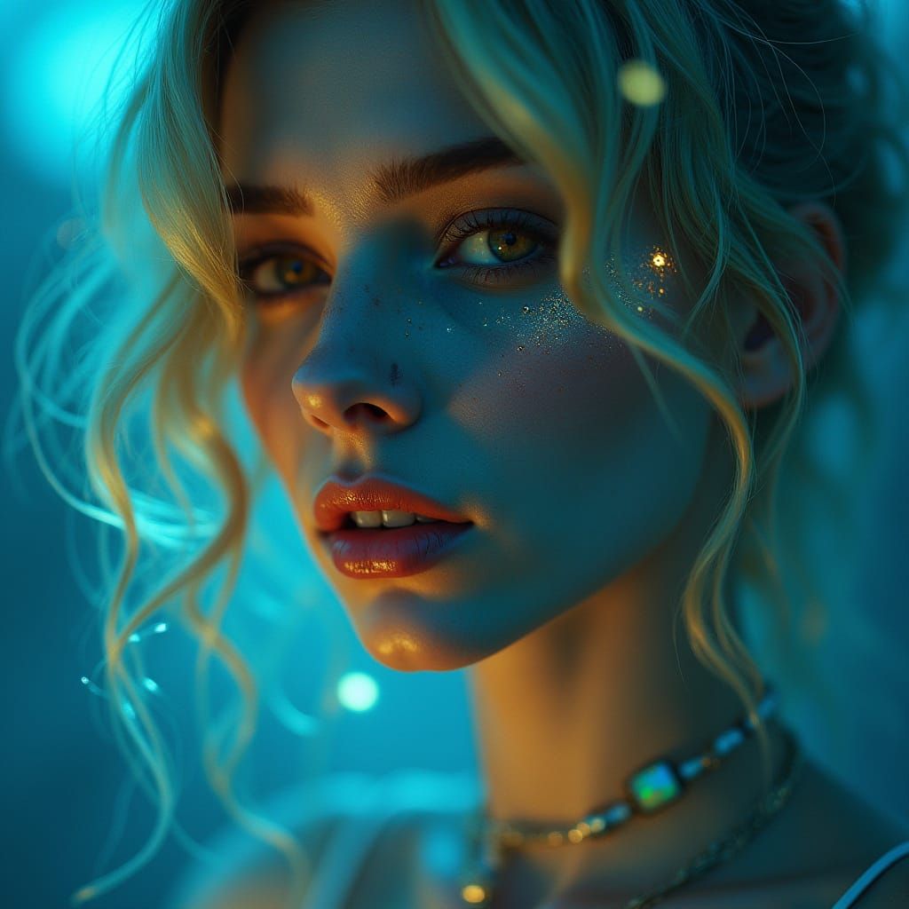 double exposure portrait Mysterious Blonde Woman Pin-up in bioluminescent sapphire glow, multilayered_hazel_eyes, soft l...