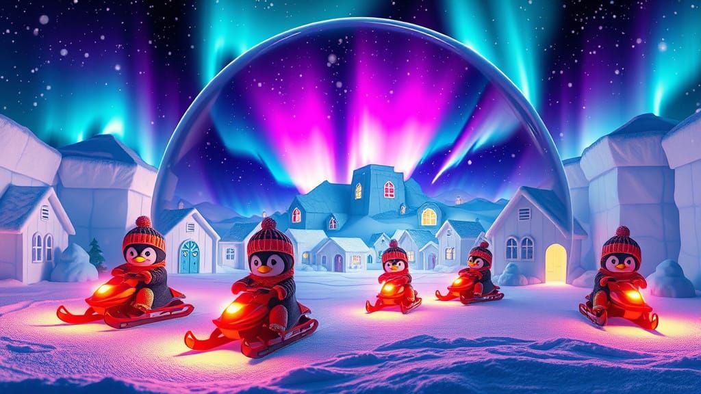 Chibi Penguin Village Diorama Under Northern Lights