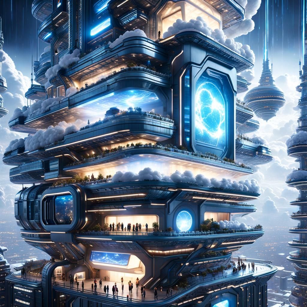 Futuristic Cloud City Weather Machine in Digital Fantasy Sty...