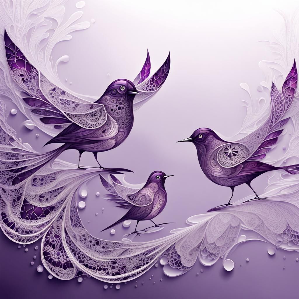 Abstract Purple Birds in Glass, Lace, and Water