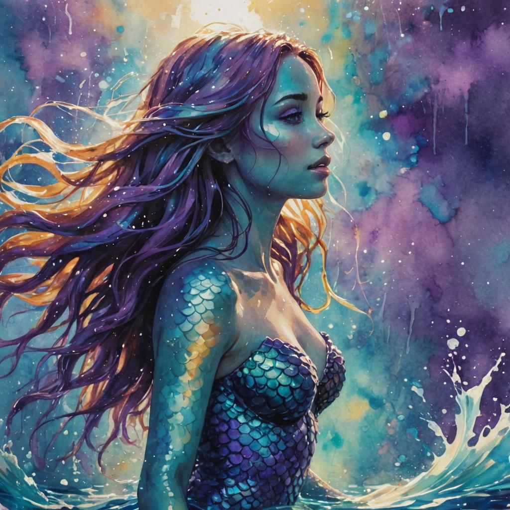 Luminous Mermaid Emerges in Watercolor Art