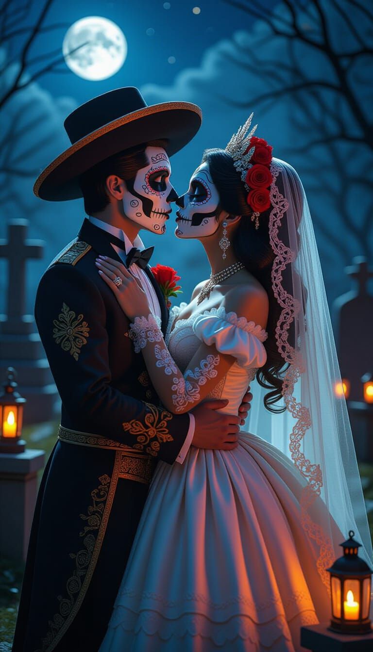 Sugar Skull Couple Kissing in Moonlit Graveyard