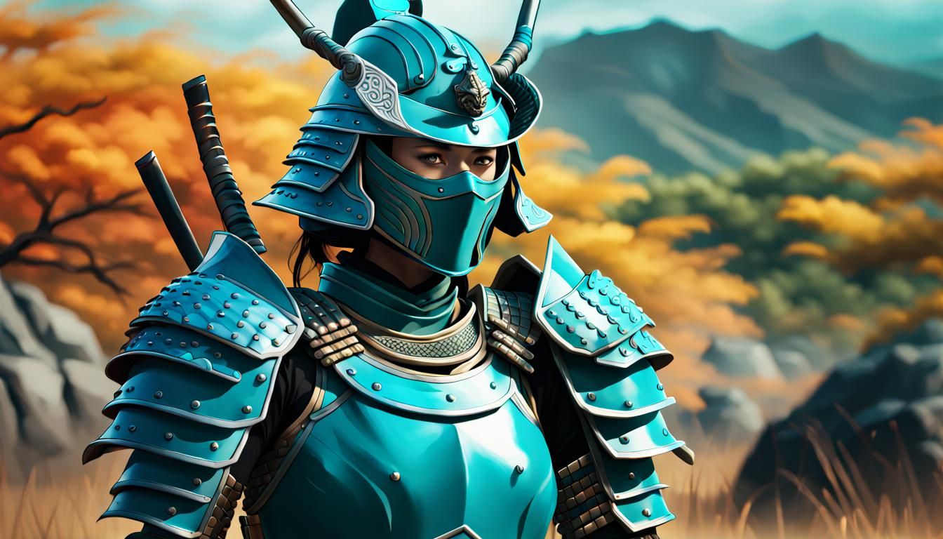 Teal Armored Samurai Surveys Battlefield in Hyperrealistic S...