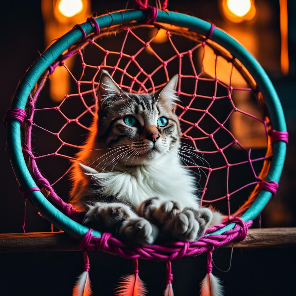 Neon Dreamcatcher with Sleeping Cat: Hyperrealistic Image