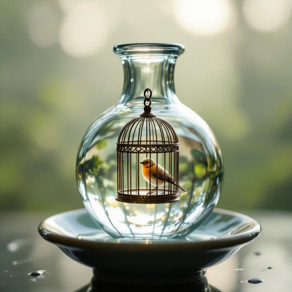 Macro Dewdrop Reflection of Birdcage on Vase