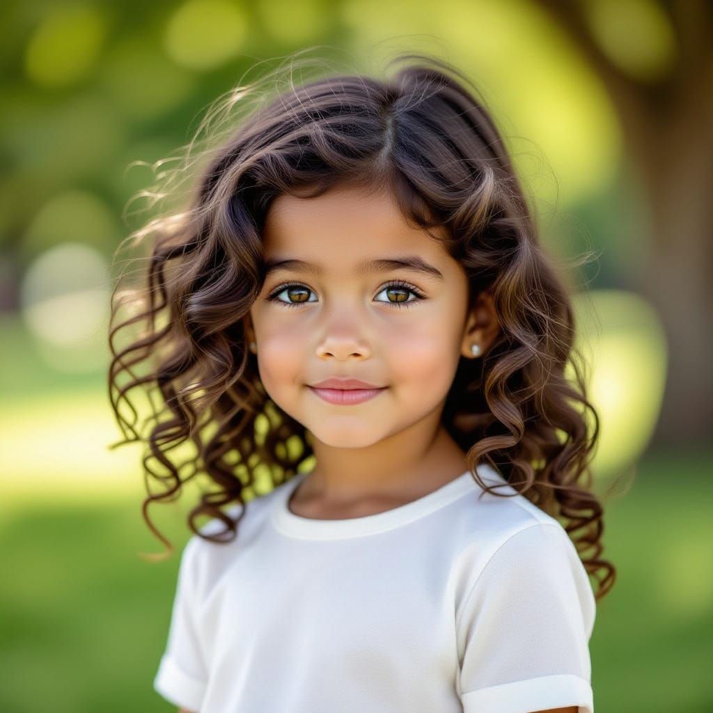 Girl with Dark Curly Hair in Vibrant Park