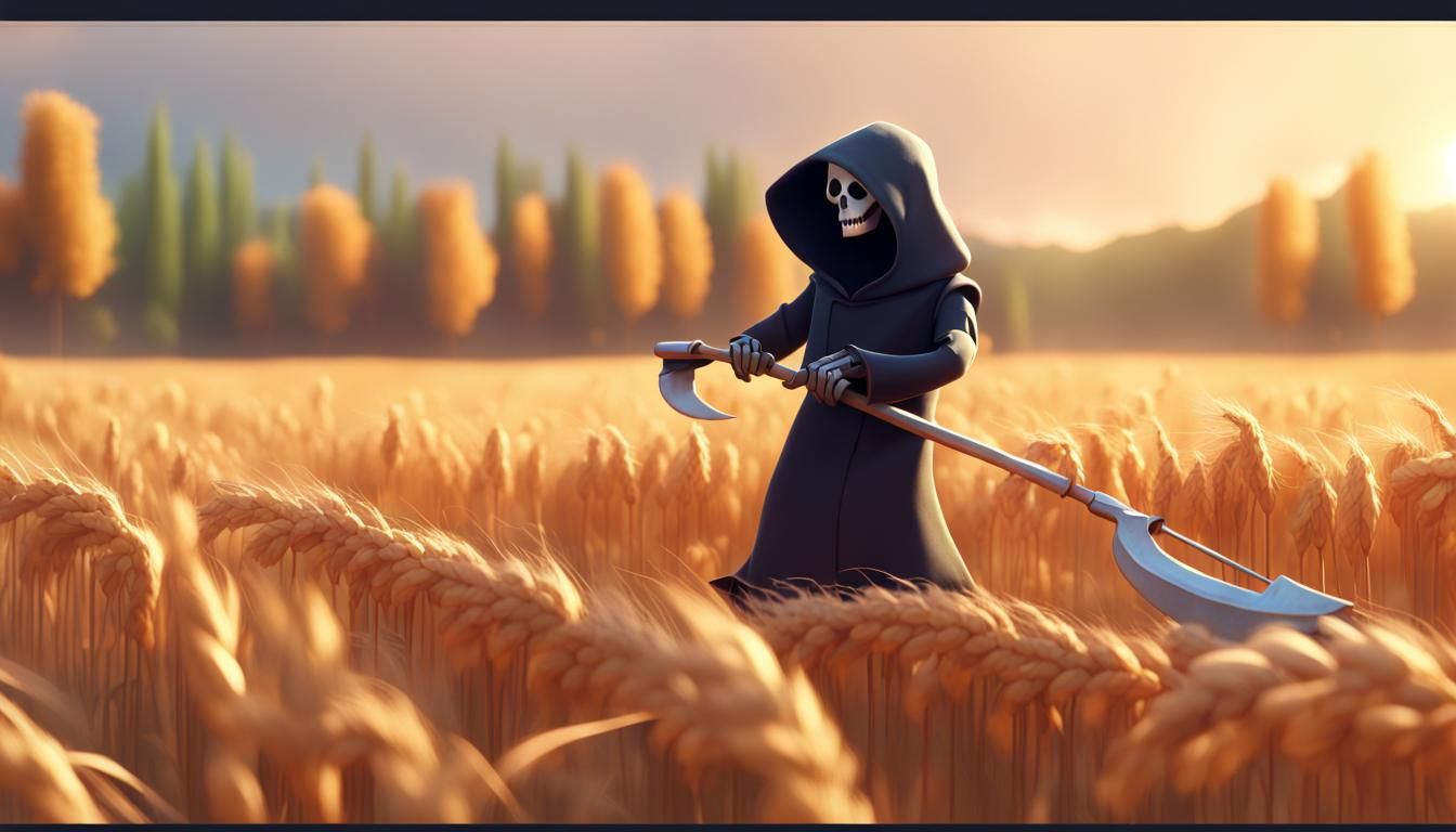 Cute Reaper Bot Harvesting Wheat Field