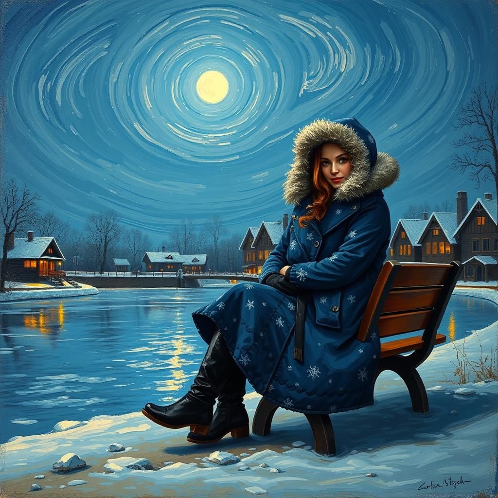 Winter Evening Scene in Van Gogh Style
