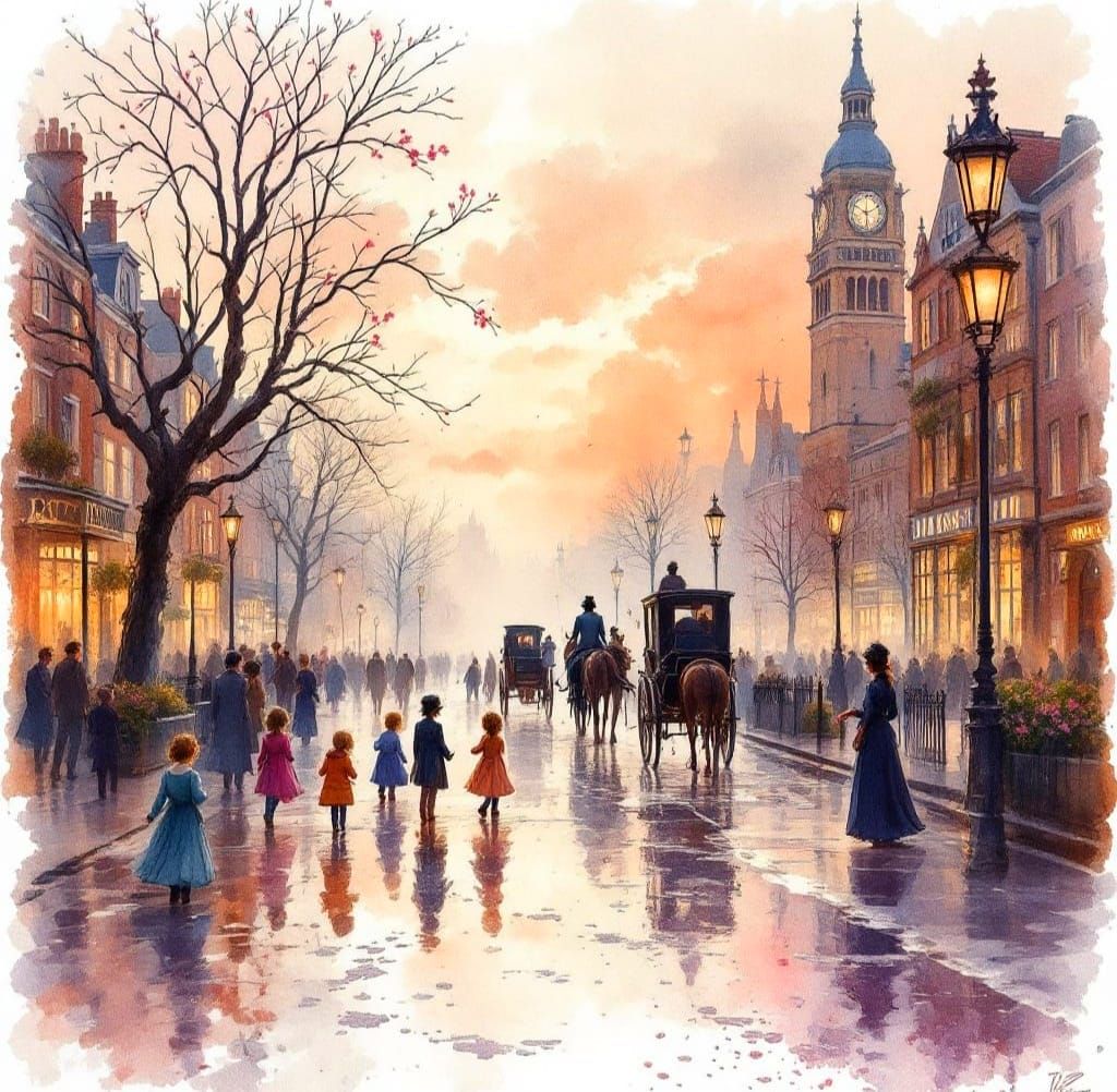 Victorian London Street Scene in Impressionist Watercolour