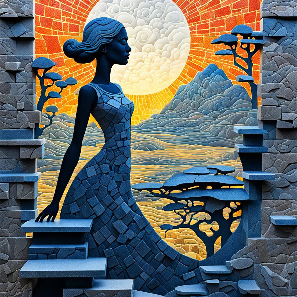 Abstract Stone Woman and Setting Sun Art