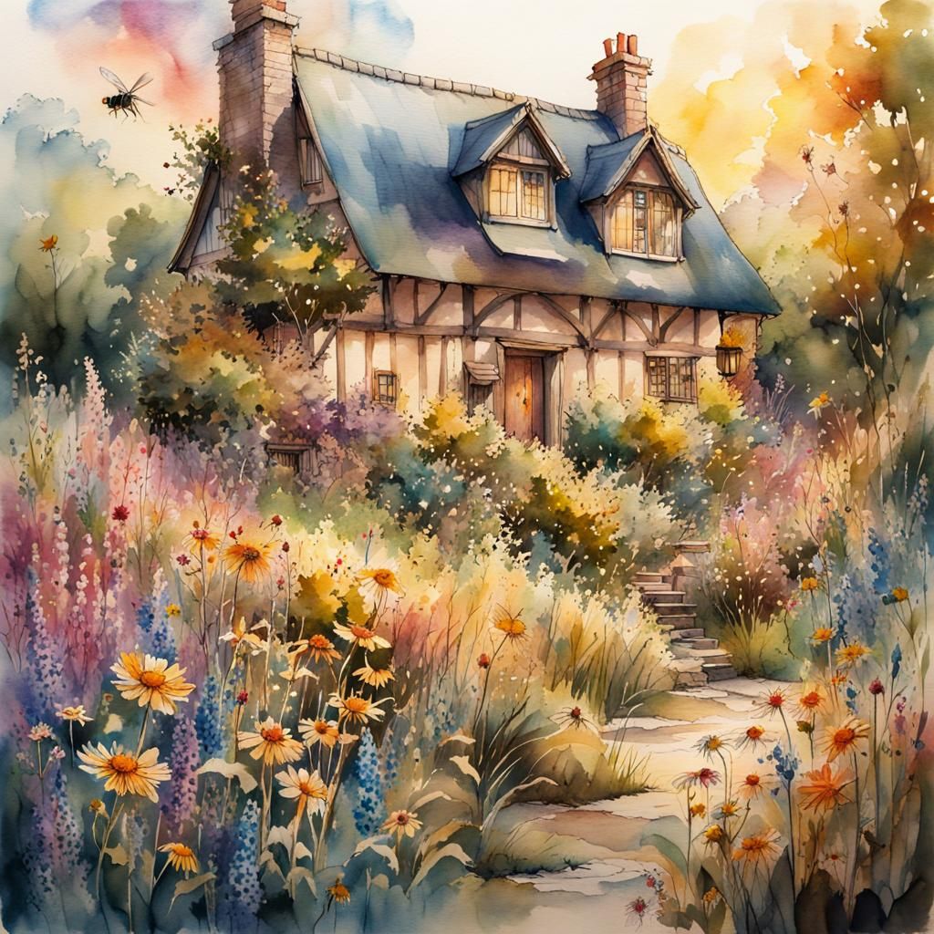 English Cottage Fantasy Landscape in Watercolor Style