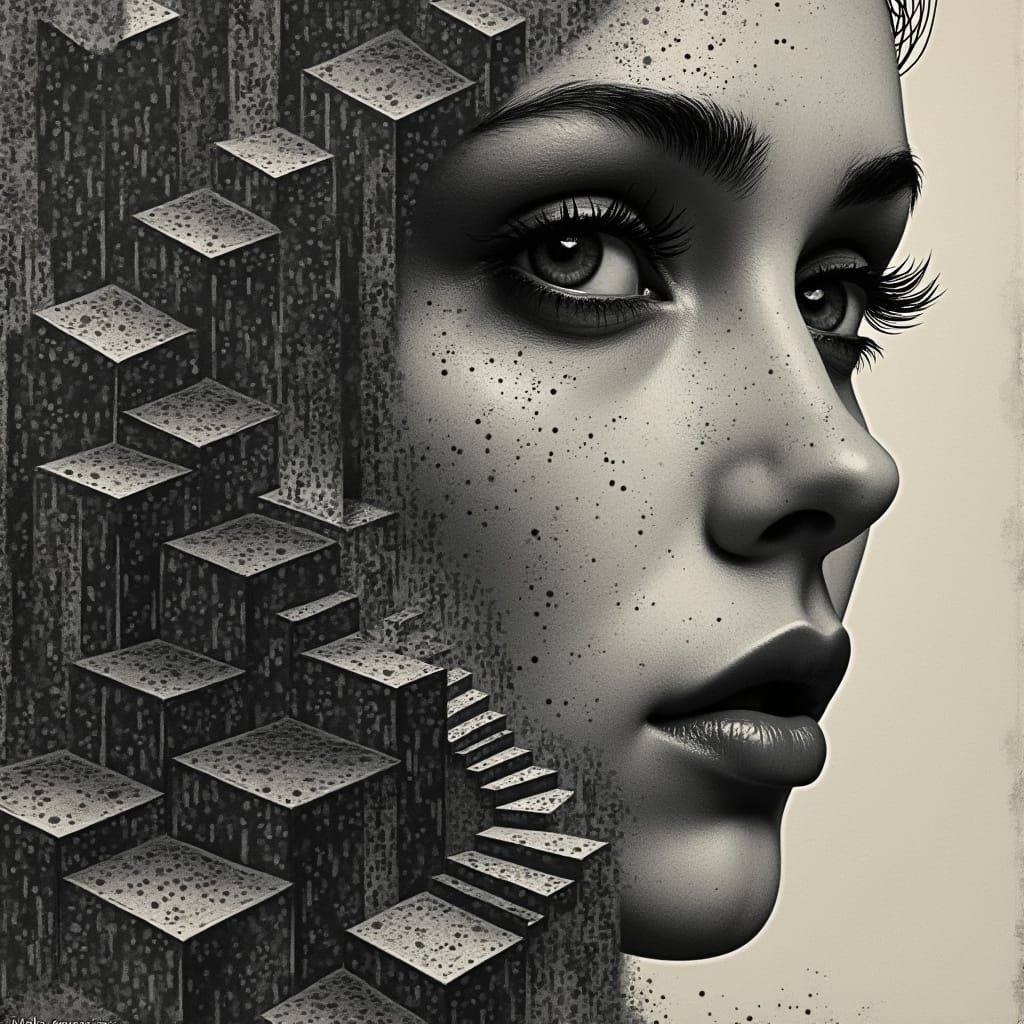 M. C. Escher style. Extreme close-up. A woman's face is inte...