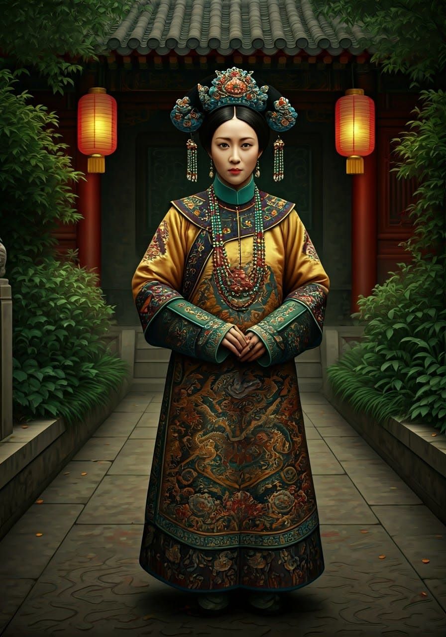 Majestic Qing Dynasty Concubine in Chinese Courtyard