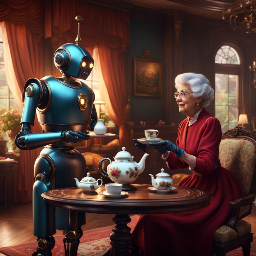 Robot Butler Serves Tea in Vintage Living Room