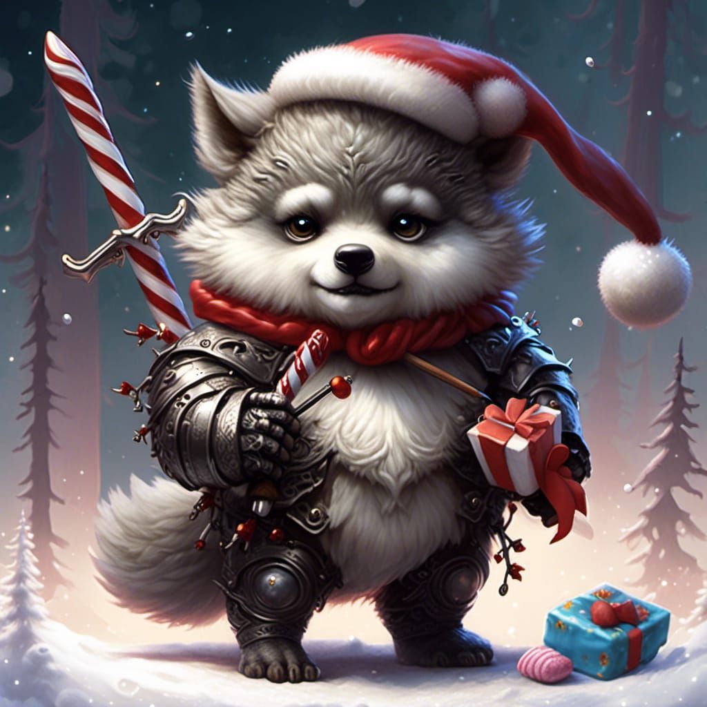 Cute Armored Wolf Cub with Candy Cane Sword