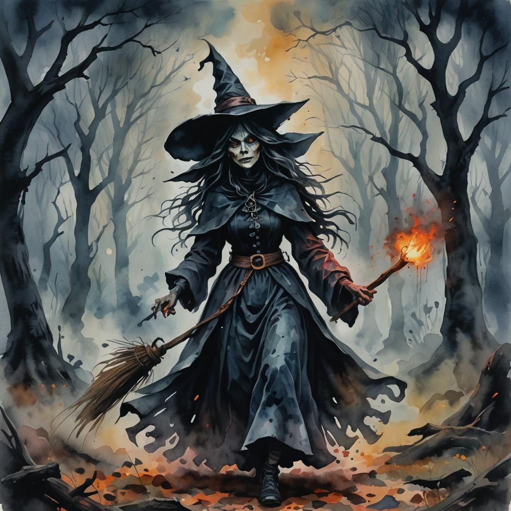 Dark Foggy Horror Witch in Gouache Style