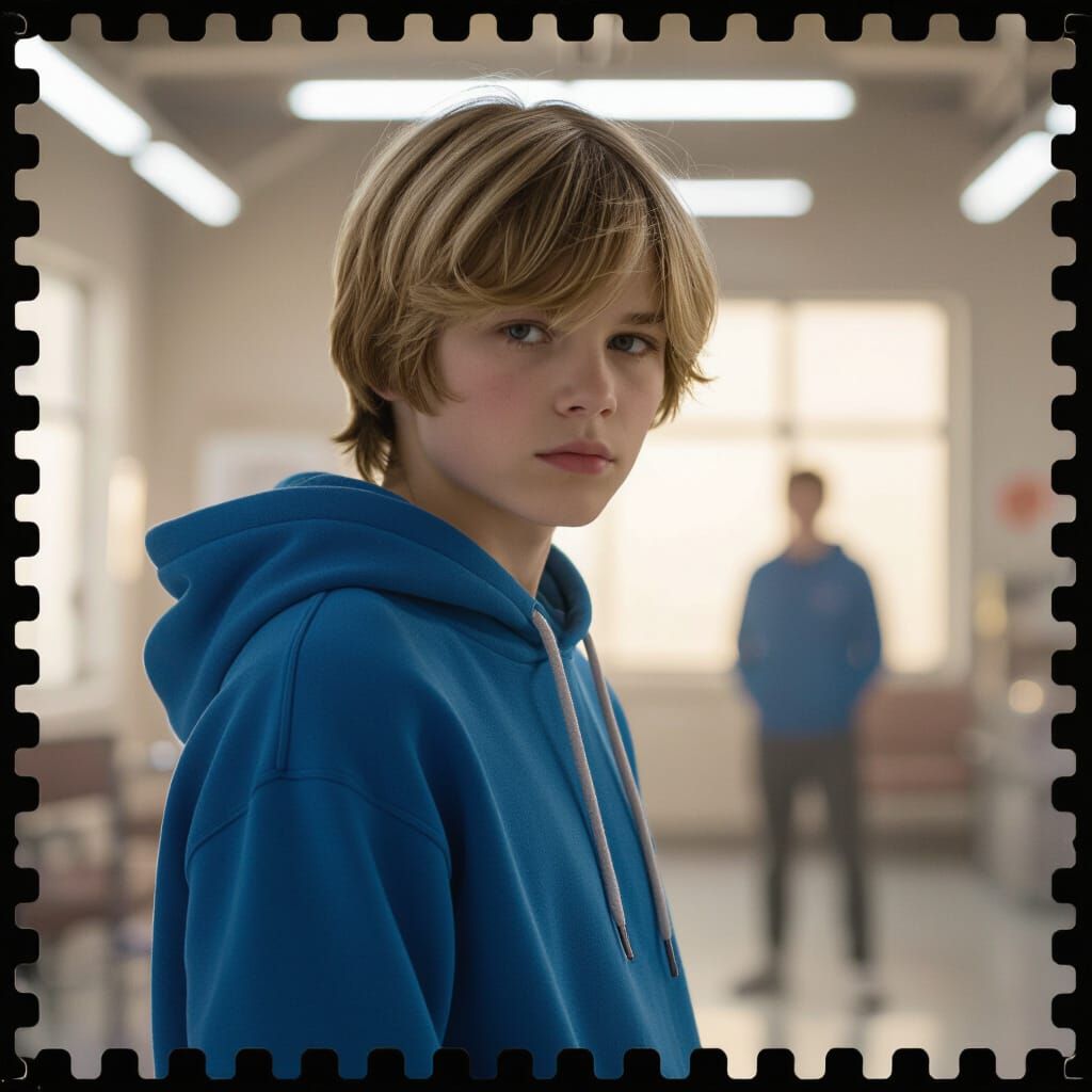 Teenage Boy with Bob Cut in Blue Hoodie