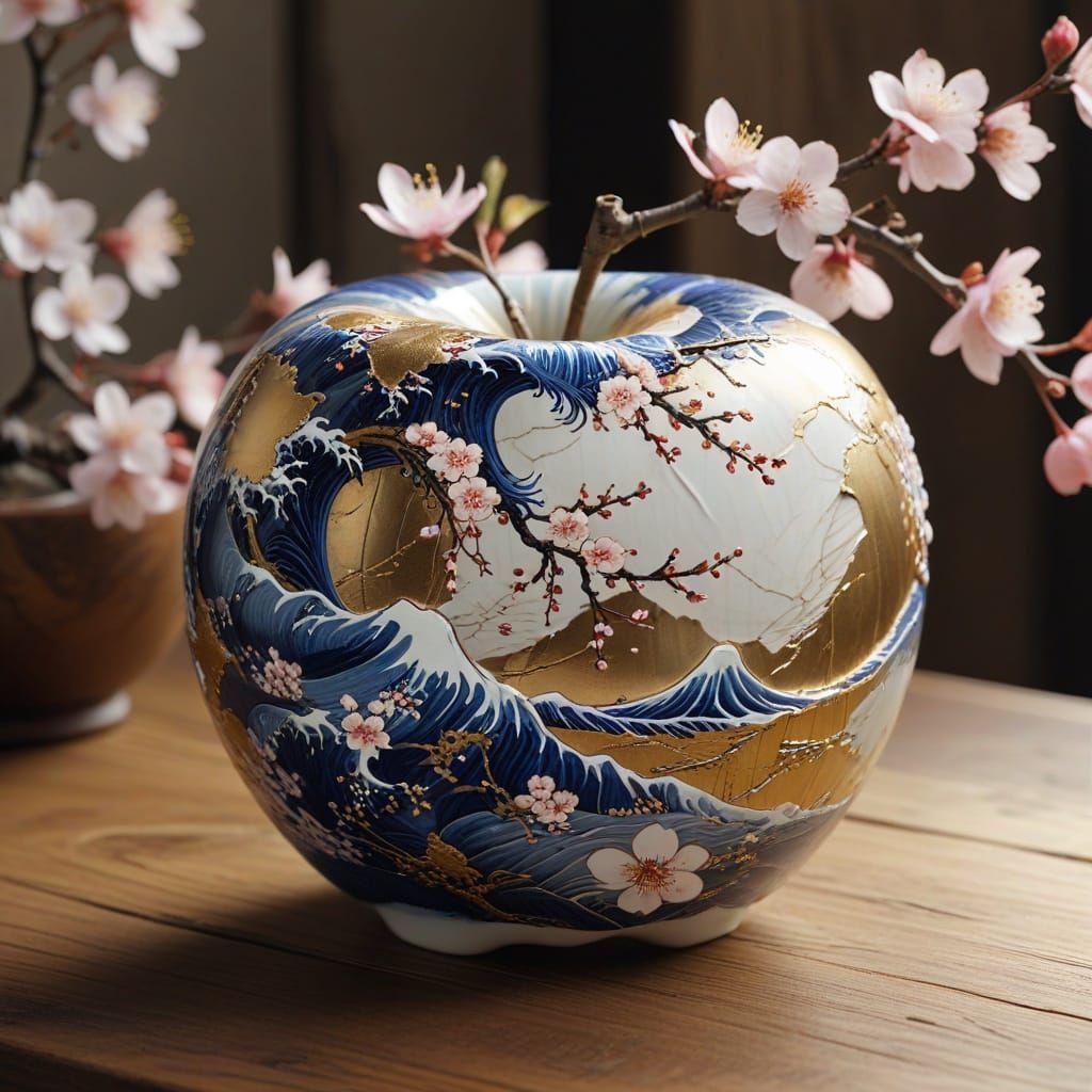 Hyper-Realistic Porcelain Apple in Kintsugi Style