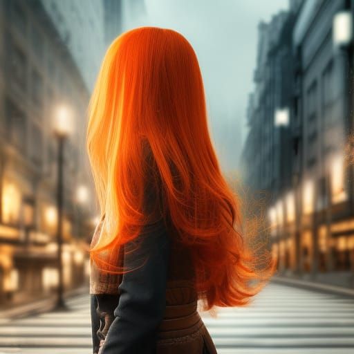 Beautiful Woman with Orange Hair in Cityscape