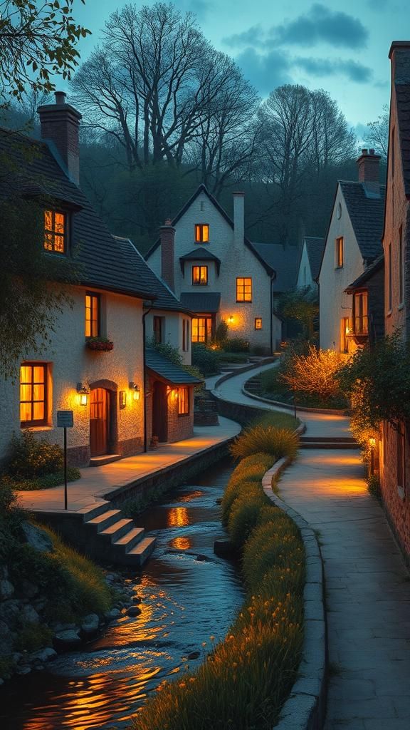 Enchanting Village at Twilight: An Impressionistic Scene