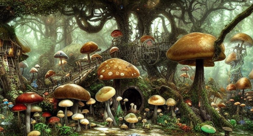 Fantasy Forest with Mushroom Huts, Matte Painting