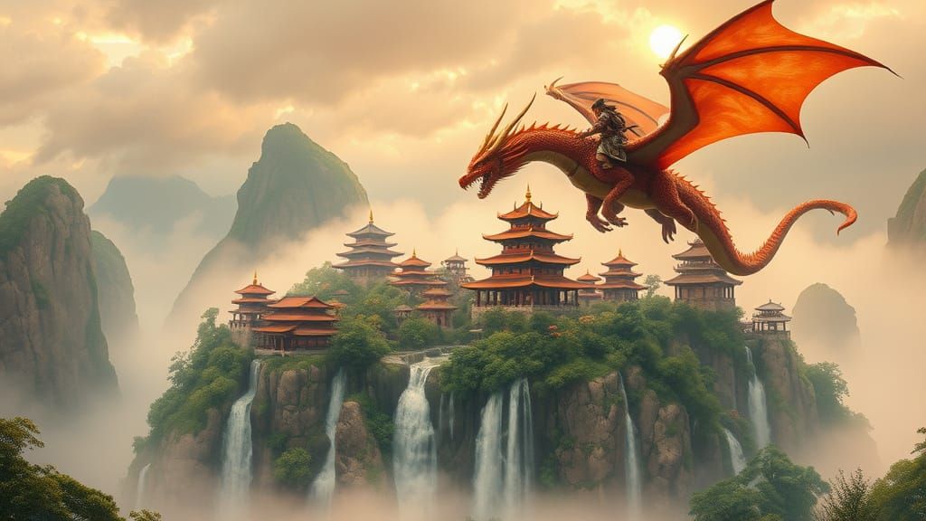 Dragons and Samurai Riders Above Misty Monasteries