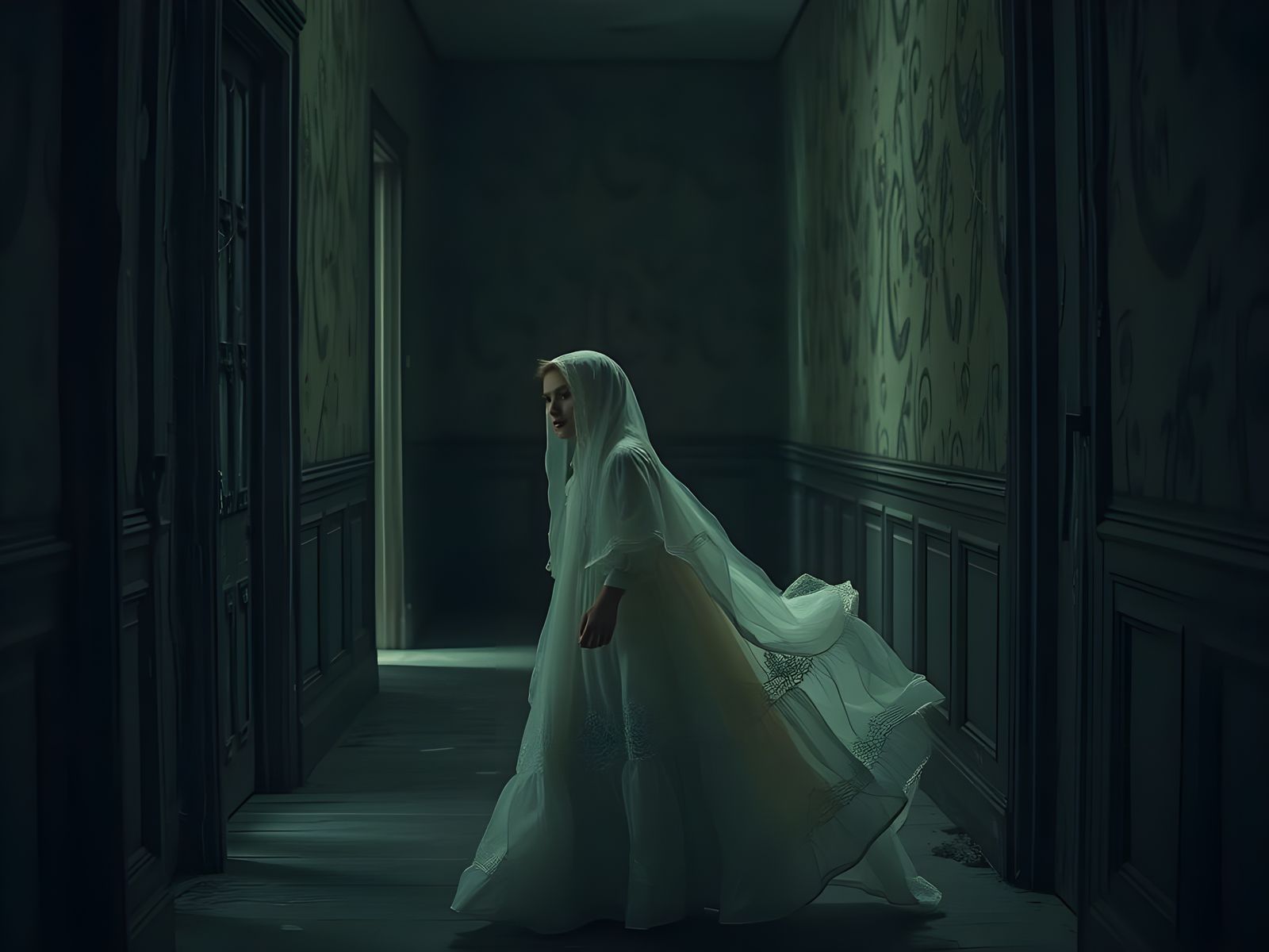 Ghost Girl Wandering in Abandoned House Photo