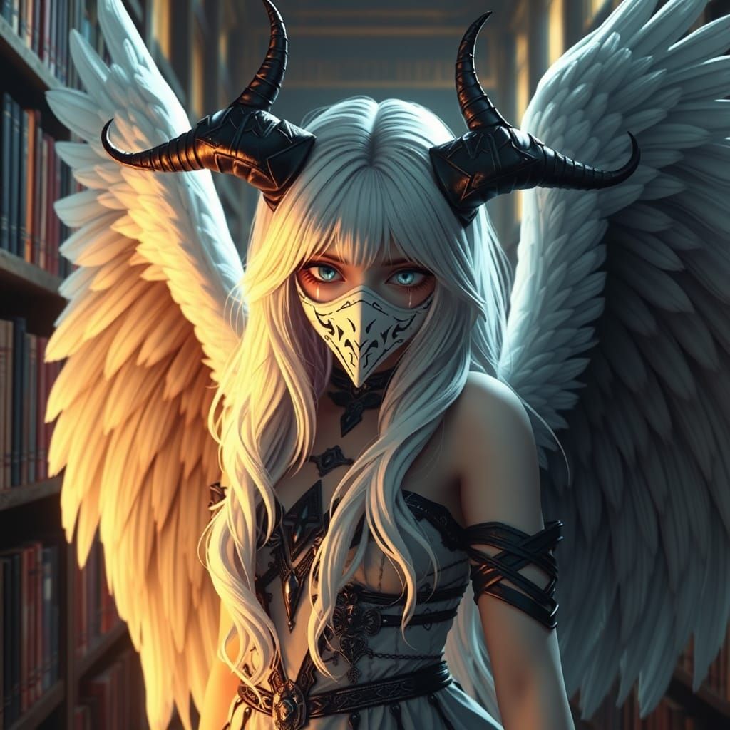 Crying Angel in Library: Detailed Matte Painting