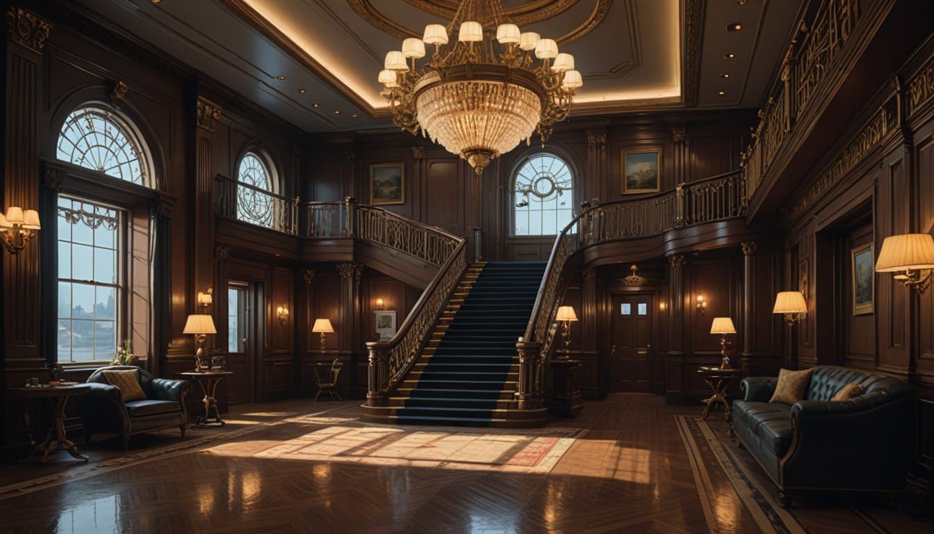 Grandiose Titanic Ship Interior in Cyberpunk Digital Art
