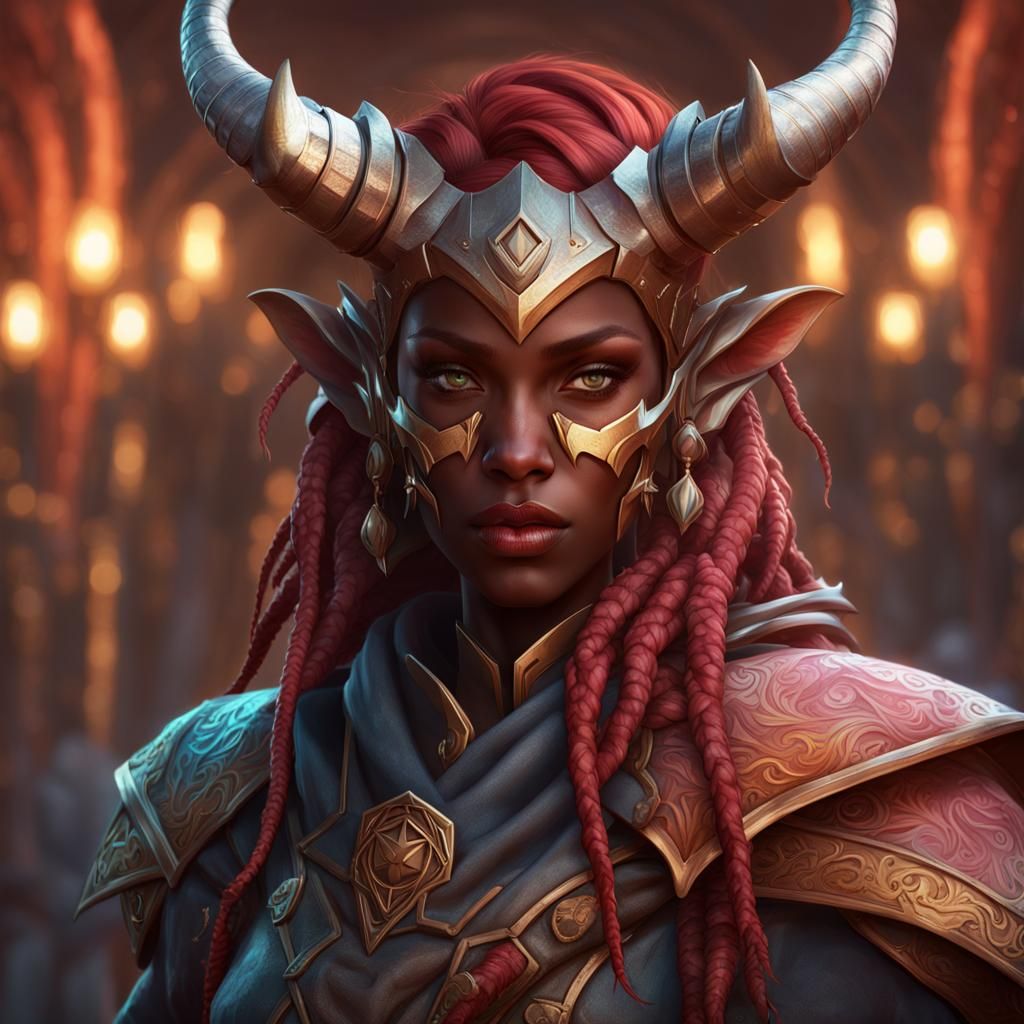 Tiefling Ranger Girl Portrait in Art Nouveau Style