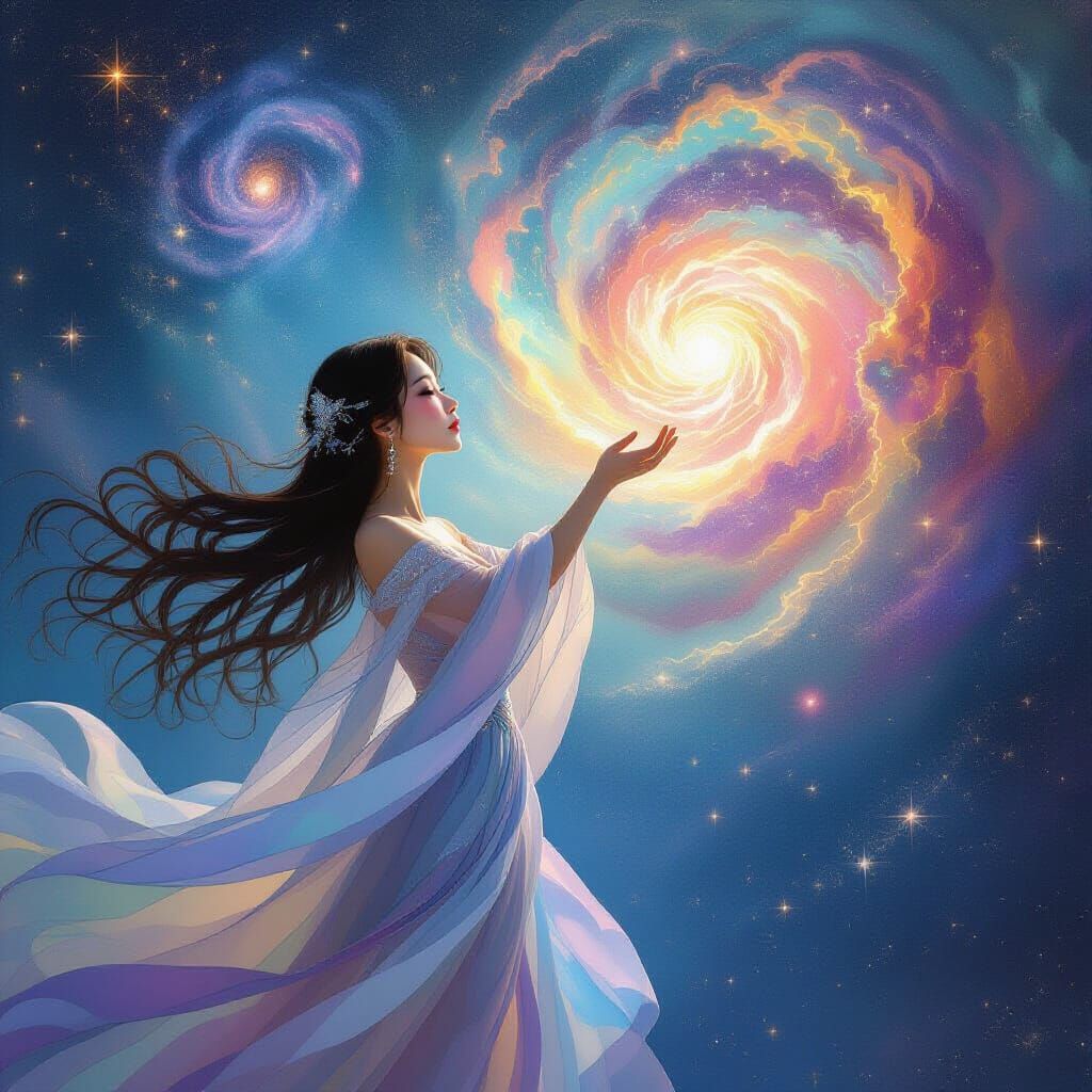 Asian Woman Reaches for Celestial Nebula in Painterly Style