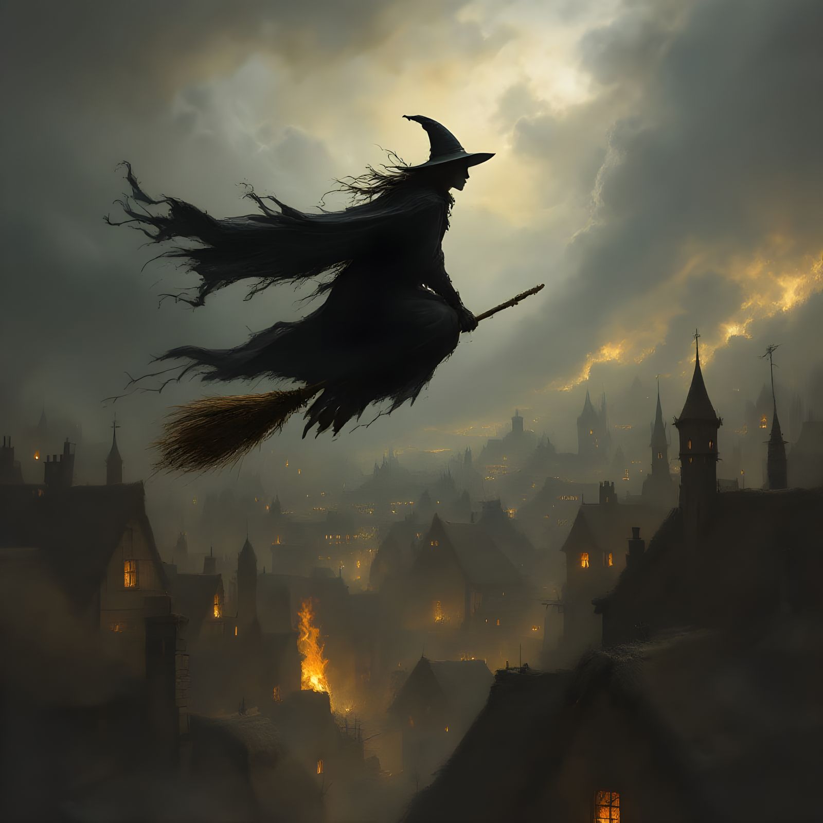 Dark Surrealist Witch Soars Above Medieval Town