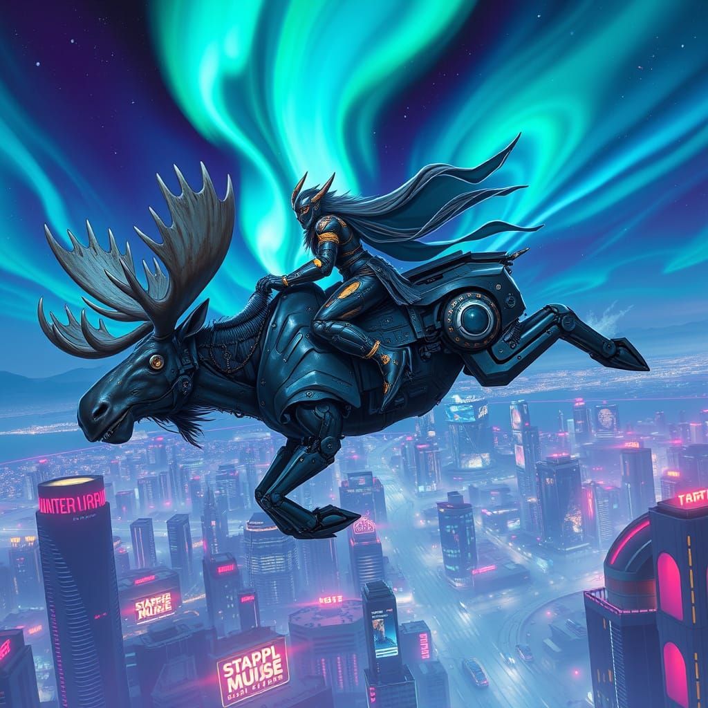 Valkyrie on Cybernetic Moose Soaring Through Aurora