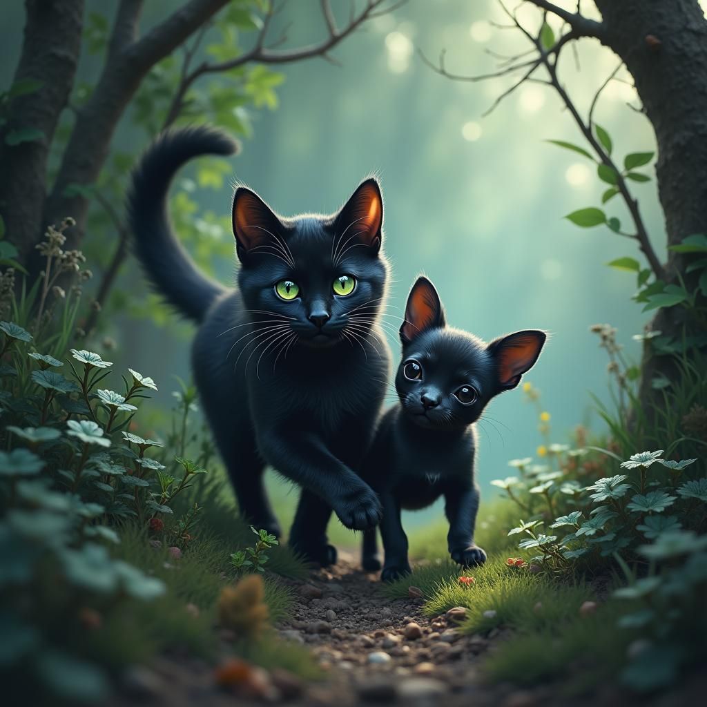 Cat and Chihuahua in Dreamlike Fantasy Realm