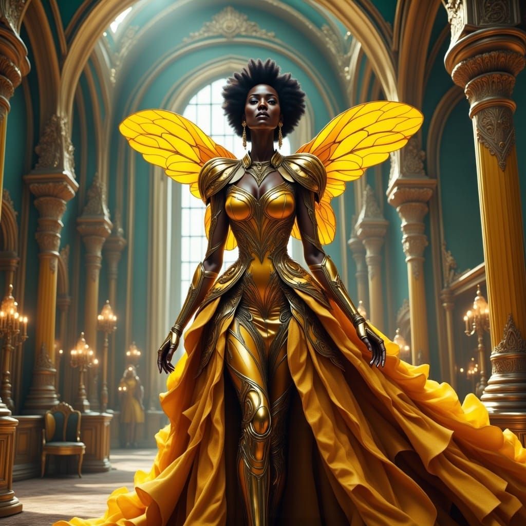 Futuristic Queen Bee in Mechanized Armor Gown