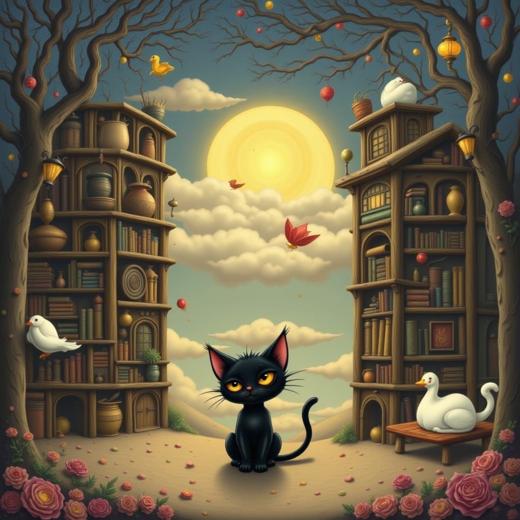 Whimsical Feline in Vibrant Dreamscapes