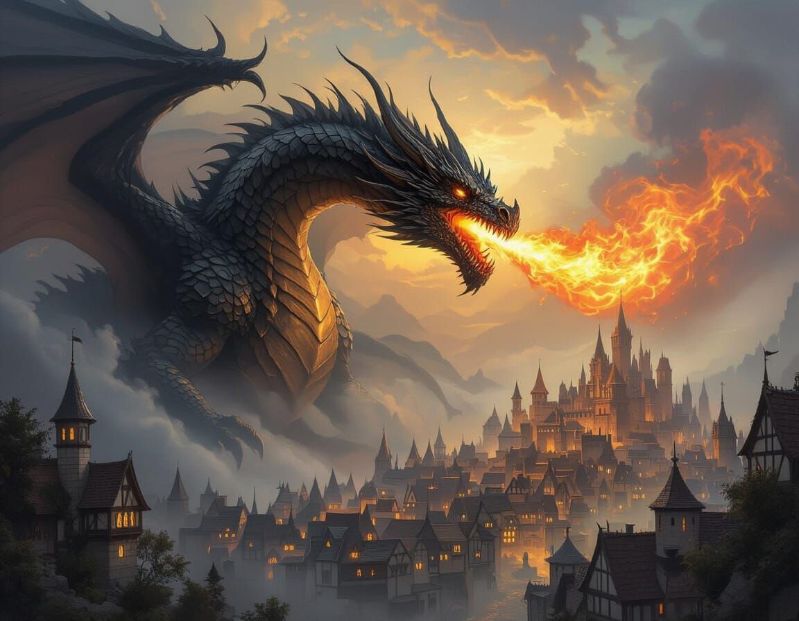 Terrifying Dragon Attacks Medieval City in Painterly Fantasy...