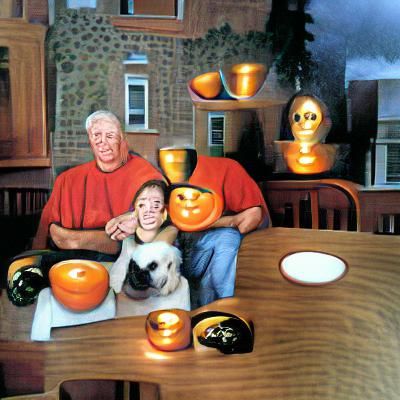 Child and Grandpa Carving Pumpkins Together